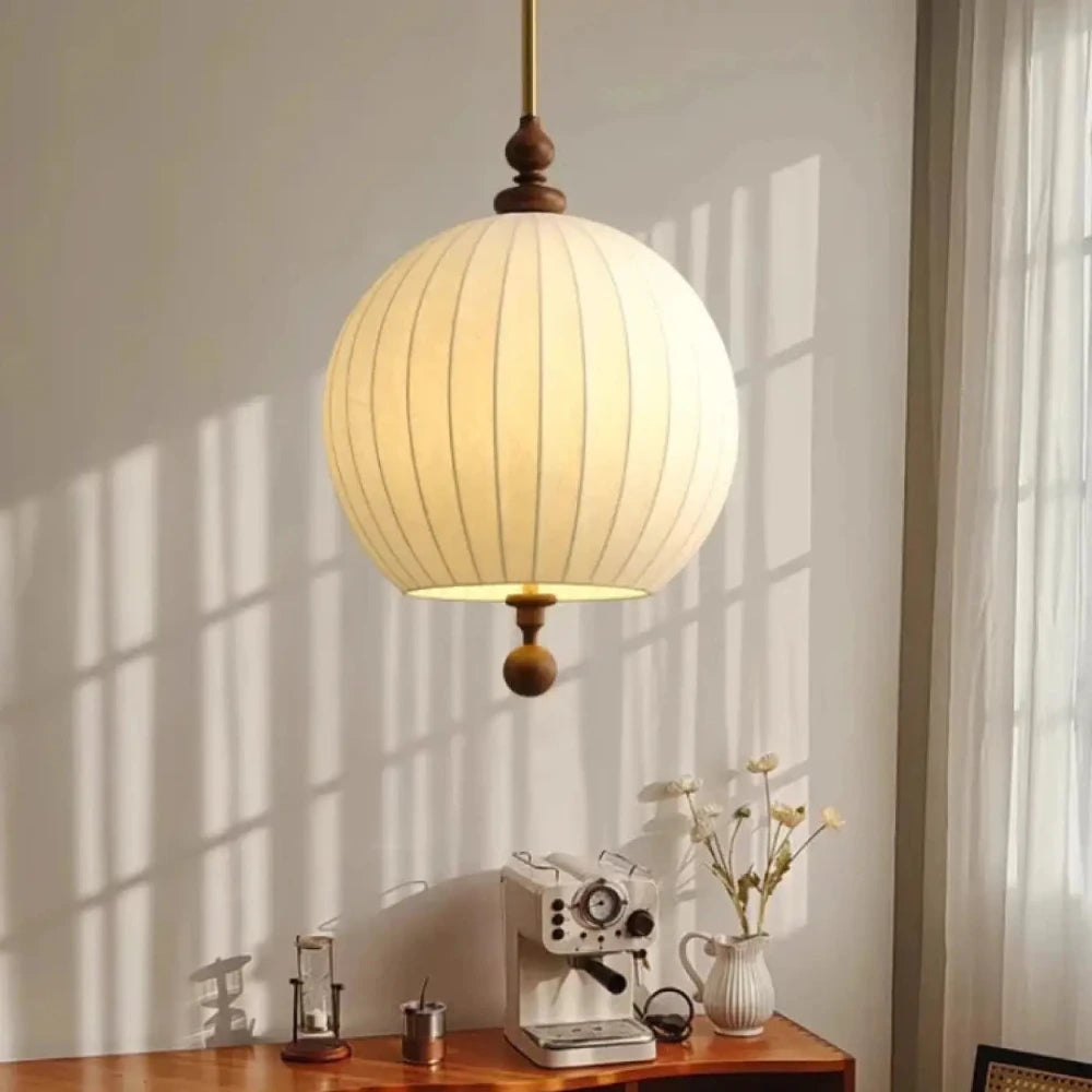 Lustre tissu globe noyer laiton japonais taille M 40 cm vue de dessous