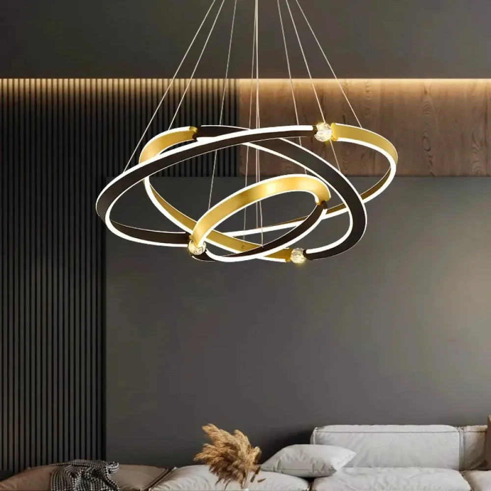Lustre triple anneau métal noir doré style