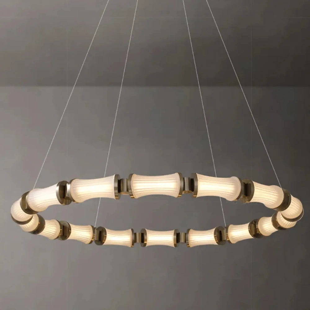 Lustre anneau bambou verre doré plat suspension