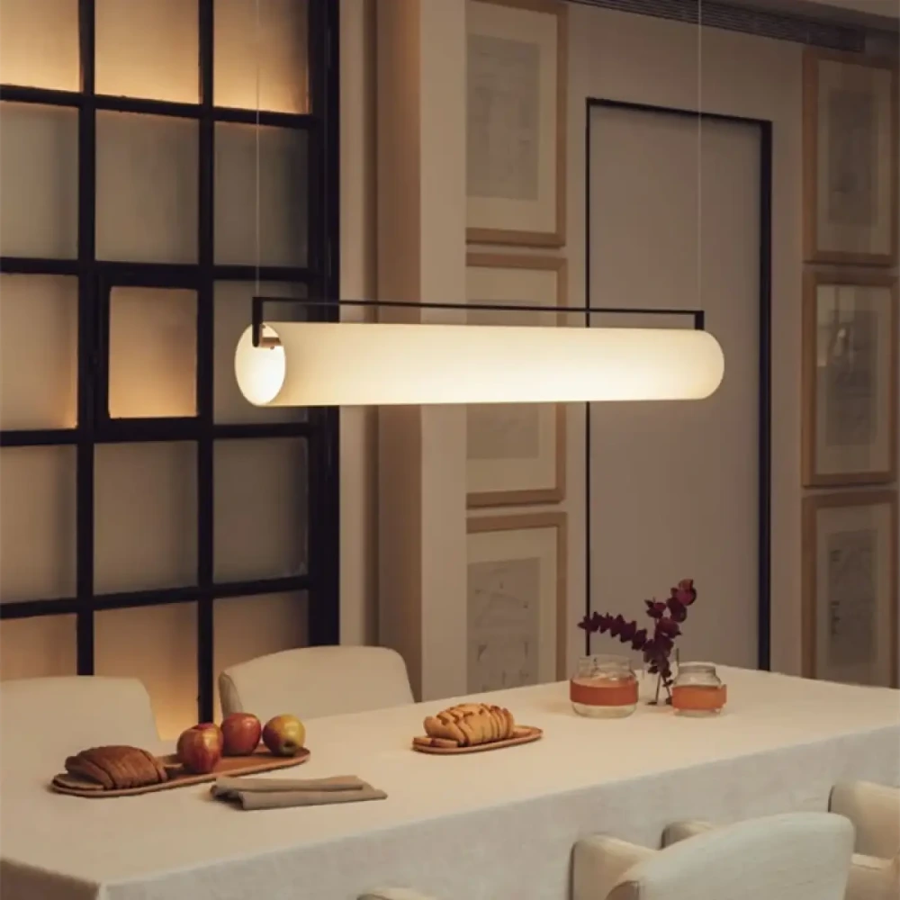 Lustre cylindre opalin long suspension design noir