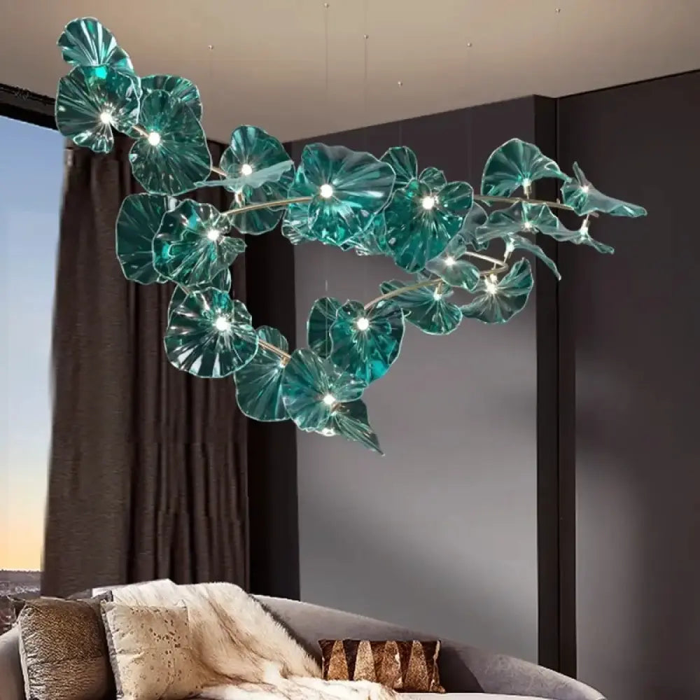 Lustre suspension verre ginkgo bleu végétal grand format