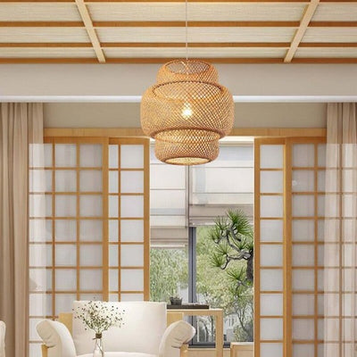 Lustre salon bois lamelle fines de bambou